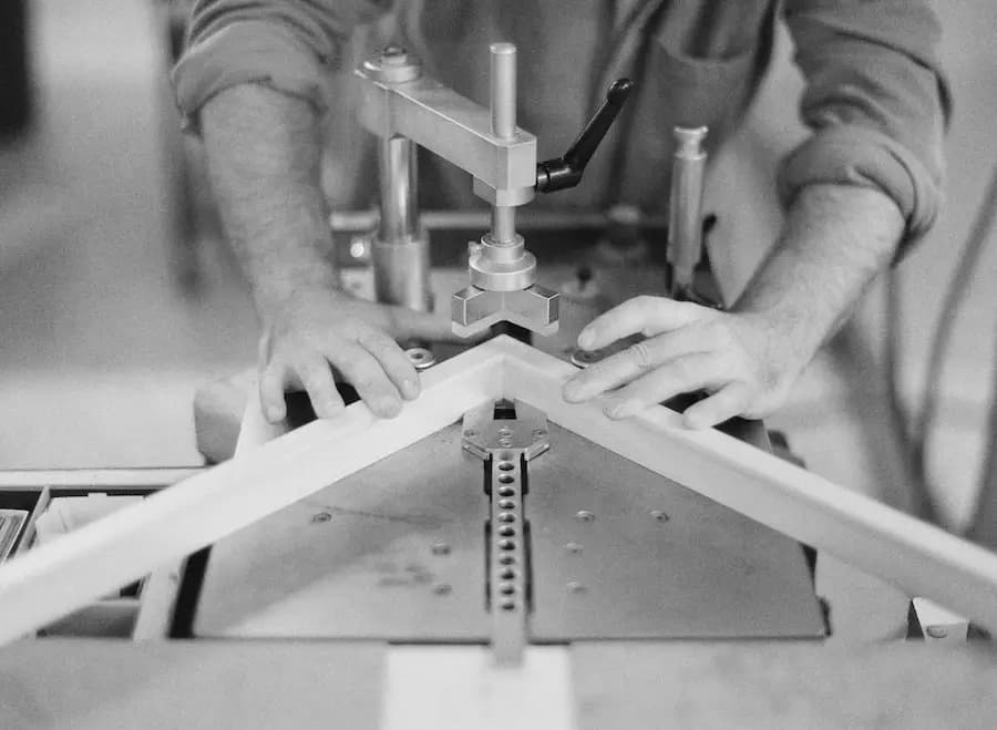Close-up of hands clamping a mitred frame corner