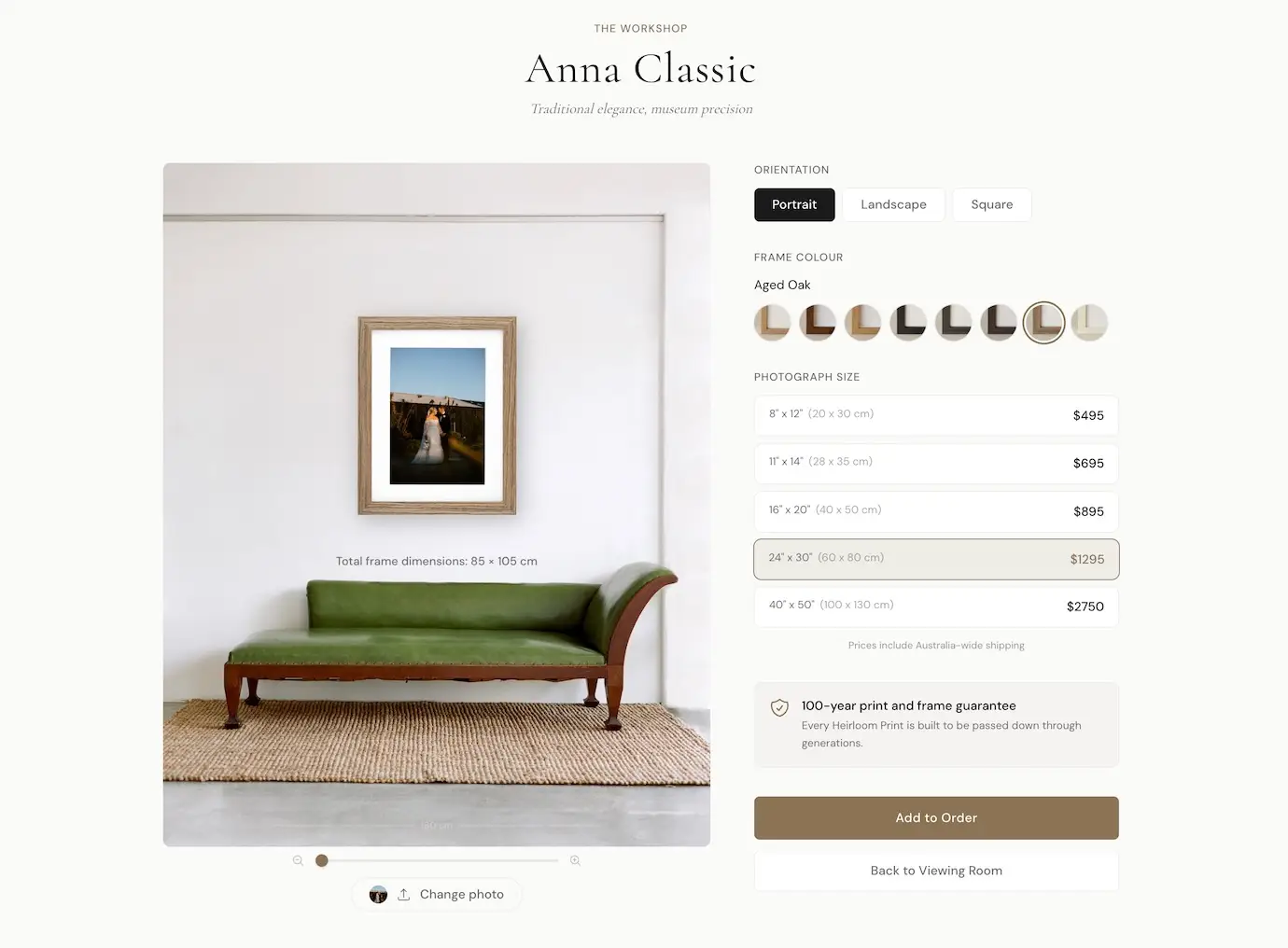Screenshot of the Heirloom Prints store embedded on a photographer's website, showing frame customisation options